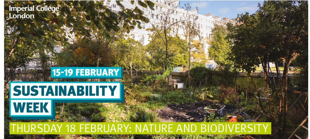 Picture of greenery and trees with a view of Imperial College building in background and the title Sustainability Week, Thursday 18 February: Nature and Biodiversity