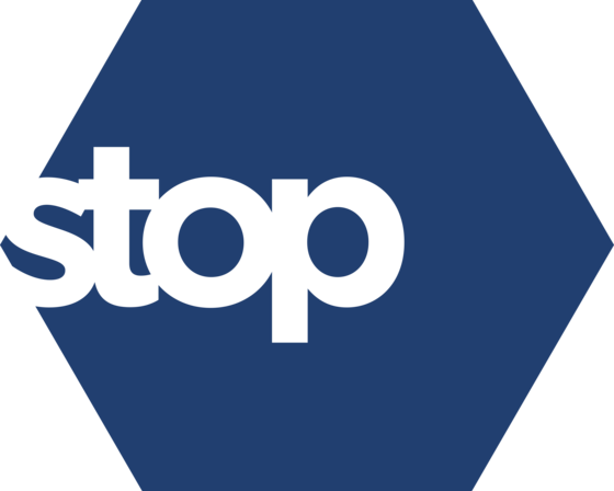 The logo of the STOP project which is a navy hexagon with the word STOP in white letters imposed on the hexagon.