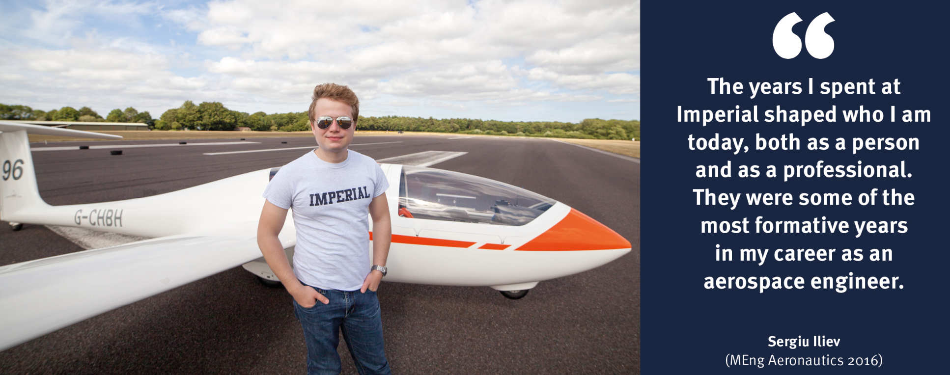 Example of a slide - photo of an alumnus in front of a plane with a caption