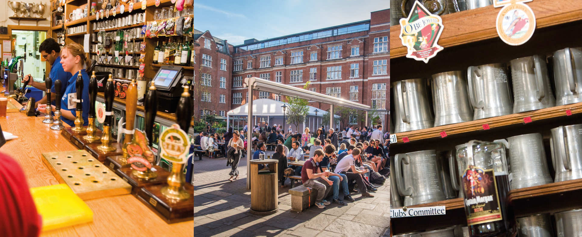 A trio of images showing the bar, outside Beit Quad and the pewter tankards