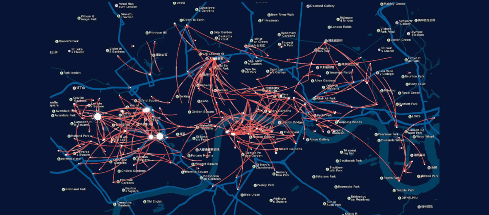 A map showing where bikes from London's Santander Cycles bicycle sharing scheme are picked up and dropped off