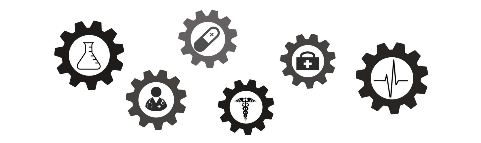 Cog icons with icons depicting health and research inside