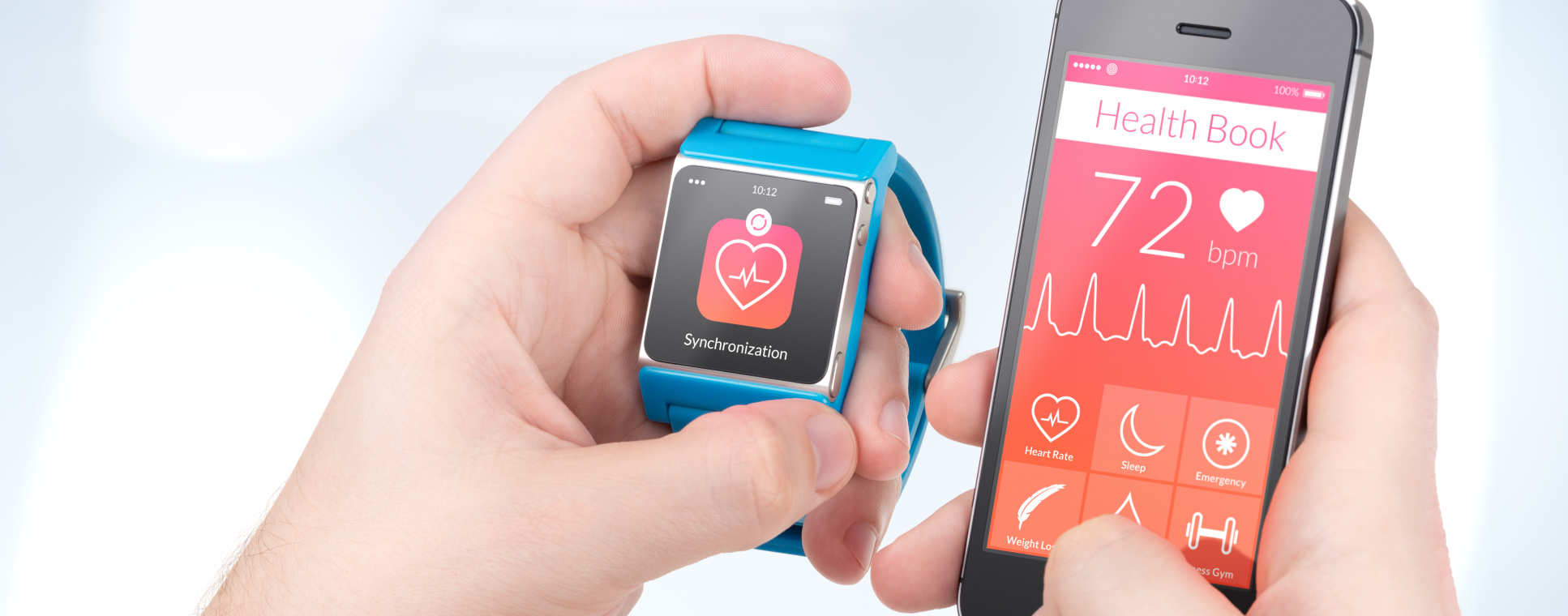 A pair of holds holding a phone and a smartwatch displaying health information