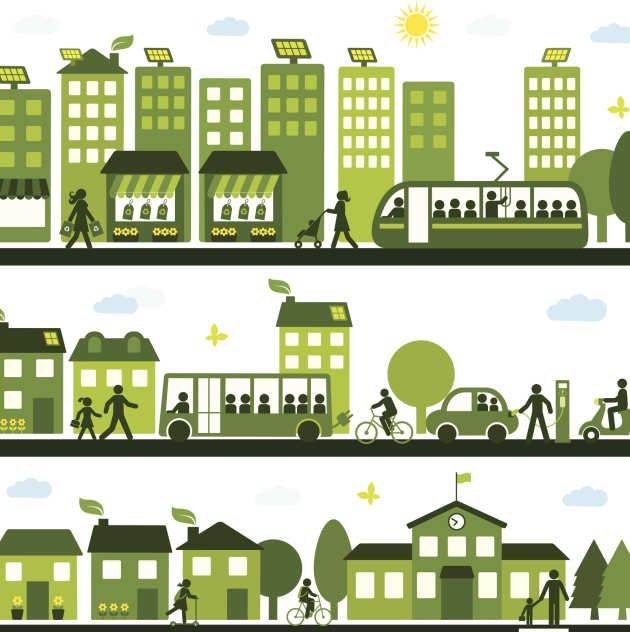 Graphic showing different types of low carbon travel in urban areas with solar panels on the buildings