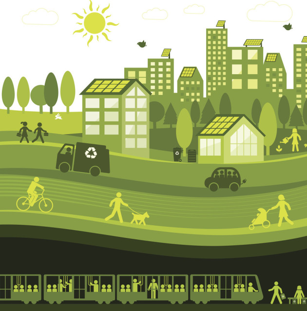 Graphic depicting a green city, with bikes, solar panels, pedestrians and a train