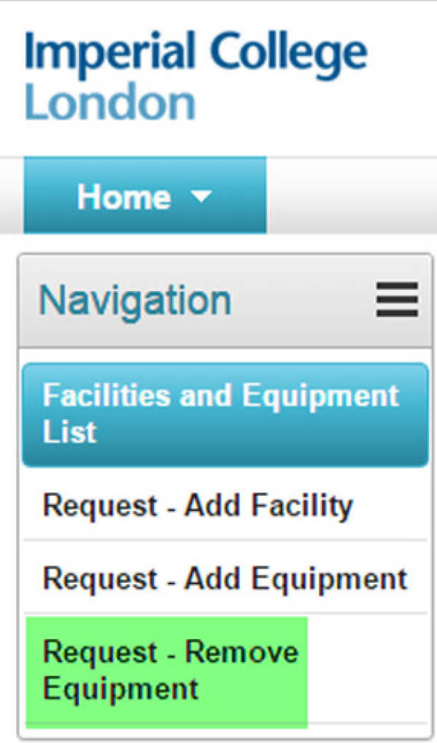 Image showing Request Remove Equipment screen