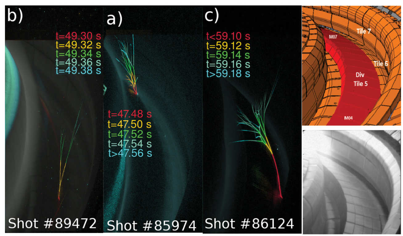 FIG. 1. Breakup of particles observed in JET. (a-c) examples of branched droplet tracks observed with the divertor view camera, colour coded to indicate the time of superimposed frames relative to the start of the pulse. (d) The near infra- red view divertor camera.