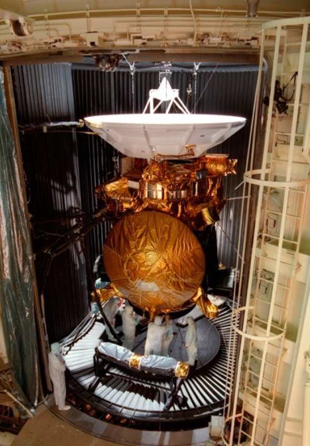 Photo of the Cassini spacecraft in a test chamber before launch