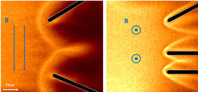 Optical emission images showing the effect of magnetic field orientation on the shape of reflecting bow shocks.