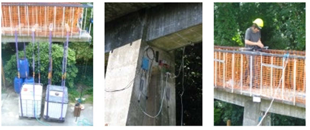 From left to right: footbridge in its current position following relocation from original site; loading of one of the cantilevers using suspended water tanks; monitoring structural response with a variety of sensors; deployment of digital image correlation (DIC) for monitoring applied displacements and strains.