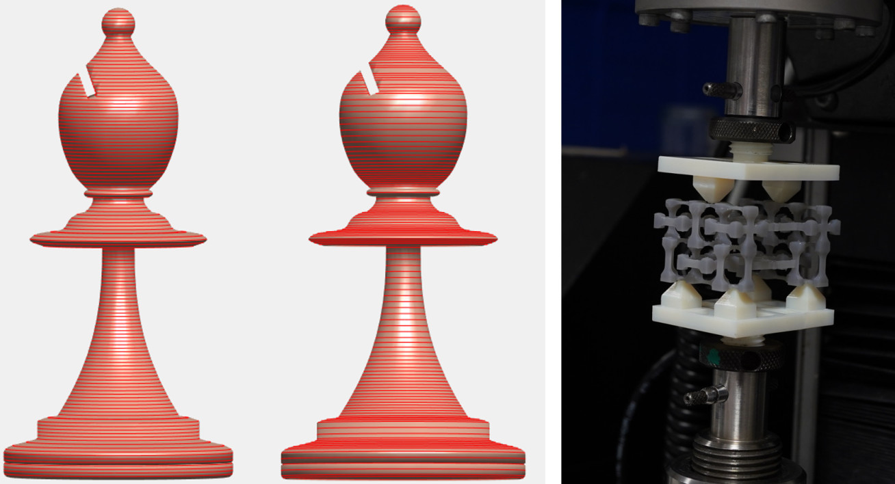 One image showing chess pieces sliced for printing and another showing a mechanical metamaterial mechanism for analysing performance