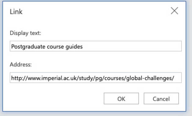 Screenshot of the 'Link' screen with 'Postgraduate course guides' entered in the 'Text to Display box'.