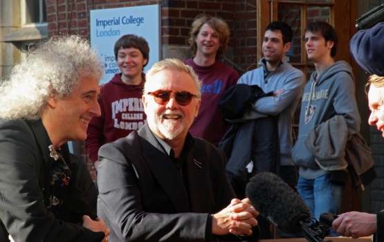 Imperial students look on as Dr Brian May and Roger Taylor take part in media interviews