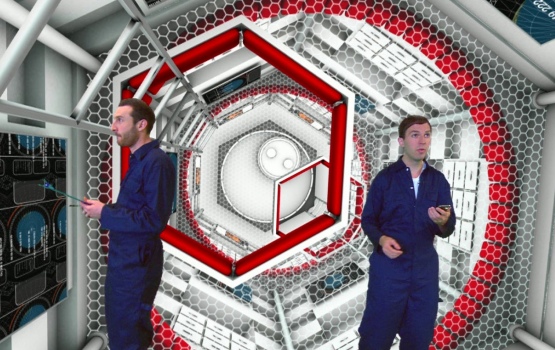 Dr Simon Foster and Martin Archer in a mock spaceship