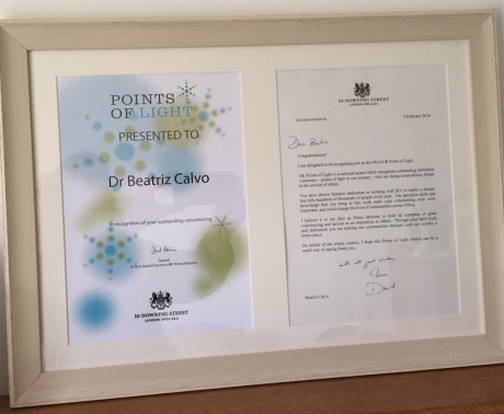 Beatriz's award and letter from Prime Minister David Cameron framed