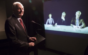 Alan Alda in front of a virtual audition panel