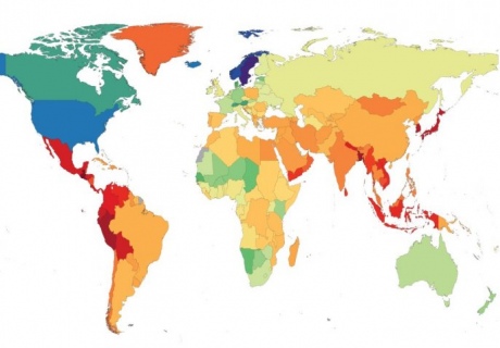 A map of the world, colour coded for the height trends in different countries