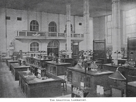 Black and white photo of a science lab