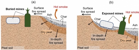 Schematic of how O-Revealer could be applied so that the smouldering fire spreads over a peat minefield (a) before reaching the landmines, and (b) after spreading over the landmines.