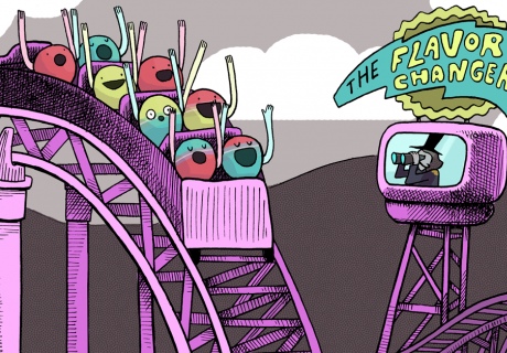 A cartoon of neutrinos on a rollercoaster called the 'Flavour Changer'