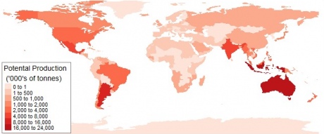 Potential production if 1% of suitable area in each country were to be developed for fish aquaculture