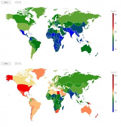 Map showing average BMI of girls across the globe