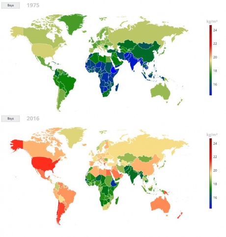 Map showing average BMI of boys across the globe