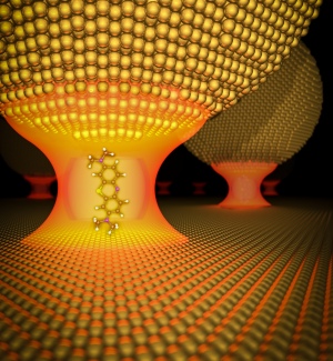 Illustration of a molecule between layers of gold