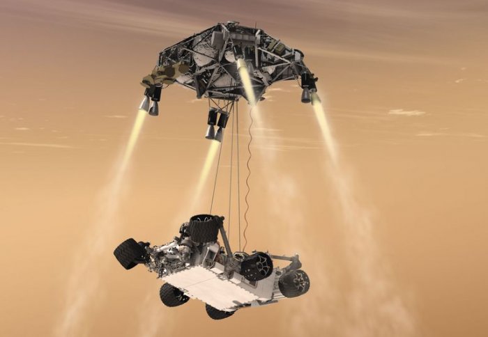 Curiosity's Sky Crane Maneuver, artist's impression. Credit: NASA/JPL-Caltech