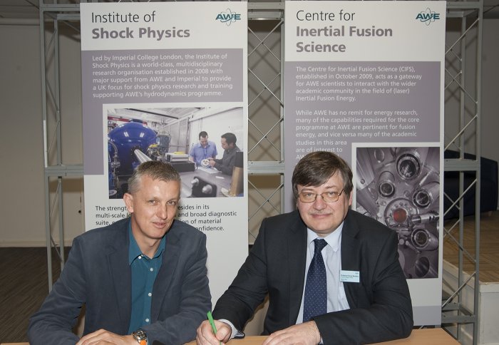 Professor Donal Bradley FRS, Pro Rector Research, Imperial College London and Graeme Nicholson, Director Science and Technology, AWE sign the Phase 2 contract
