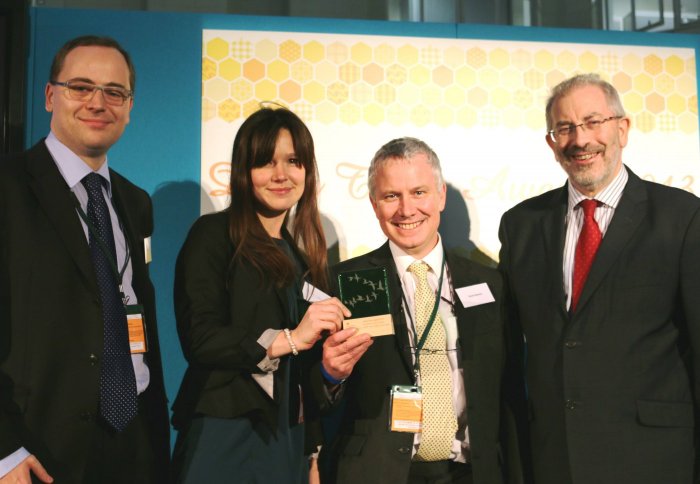 Receiving the award (left to right): Roger Fradera (Imperial), Poppy Lakeman Fraser (Imperial), David Slawson (Fera), and Sir Bob Kerslake (Head of the Home Civil Service)
