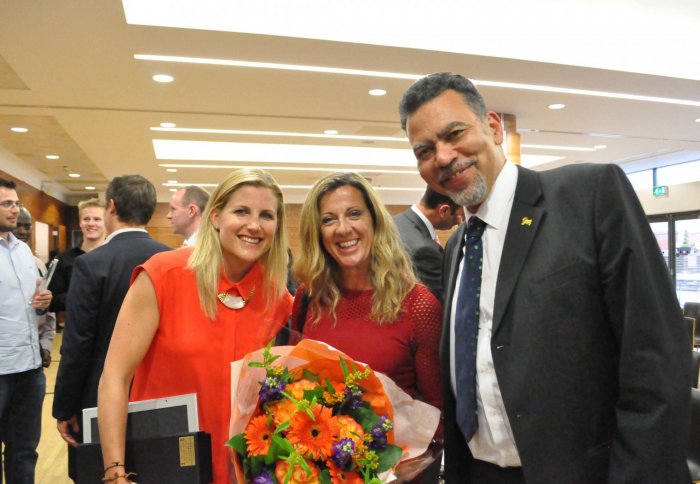 Shannon Jewell (left) with Sally Gunnell and Vince Macaulay