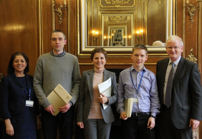 Provost Professor James Stirling and Director of Safety Surrinder Johal with winners Dave Bowler, Cristina Andrighetti-Formaggini and Ken Keating