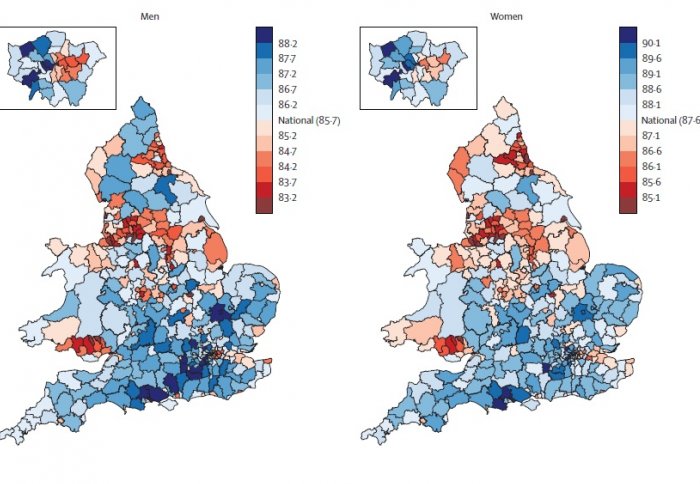 Life expectancy for men and women in each district in England and Wales in 2030. Source: The Lancet