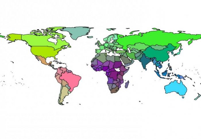 map showing countries with similar diseases, shaded in similar colours.