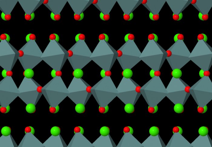 Grey crystals with green and red connecting spheres