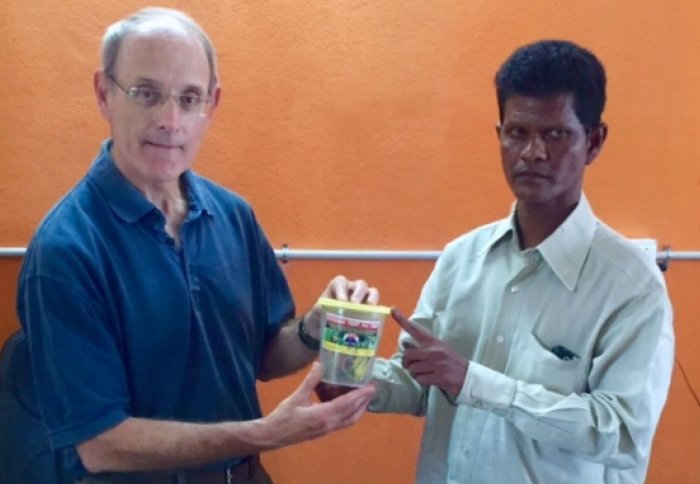 John Mumford with a Rainbow fruit fly trap. Rainbow aims to sell 1 million traps a year and is one of over a dozen companies now supplying such traps in India.