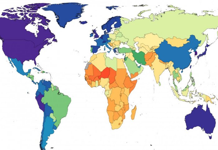 World map showing regions of high blood pressure (red and orange)