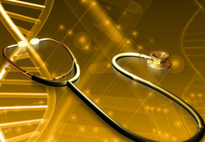 Digital illustration of a stethoscope and DNA double helix.