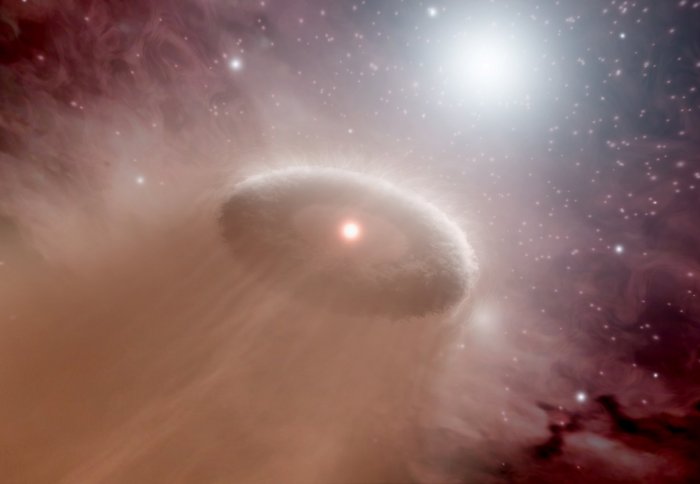 Ring of dust around a star, with some material sweeping away to one side