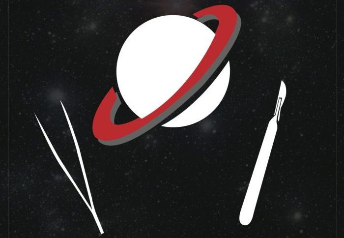 Illustration of tweezers and scalpel next to a planet, like a dinner setting