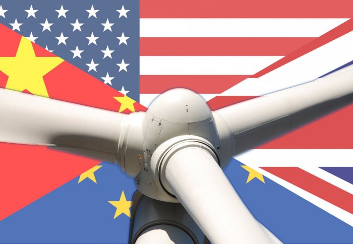 Wind turbine overlaid on Chinese, EU, US and UK flag
