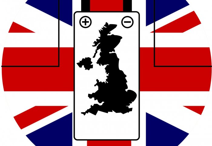 Map of the UK, overlaid on an image representing a battery with a Union Flag backdrop