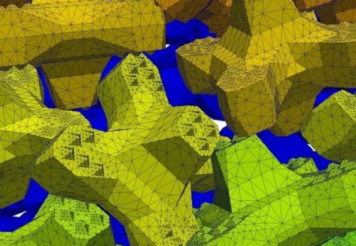 This image shows a simulation used to place 20 tonne concrete units realistically on a layer of rocks. It is numerical modelling of coastal structures.