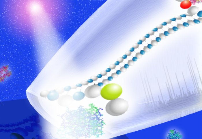 Illustration of a strand of DNA carrying proteins entering a small channel