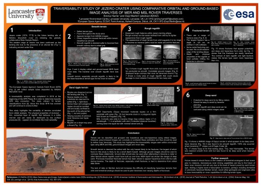 A poster of images and text in black boxes on an orange background showing information about the traversability of Jezero crater.
