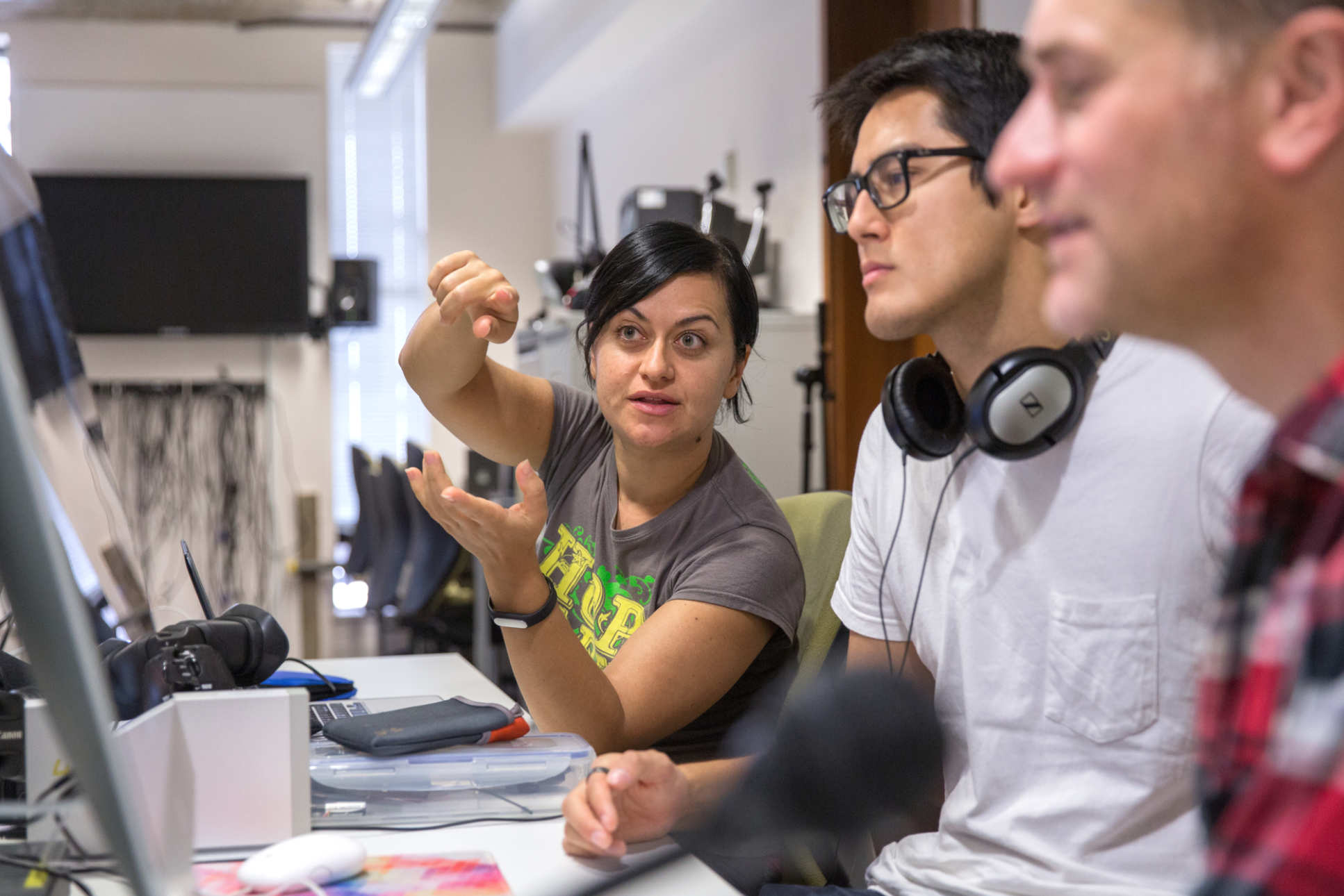 MSc Science Comms students and lecturer Gareth Mitchell (foreground) in the Science Media Unit studio