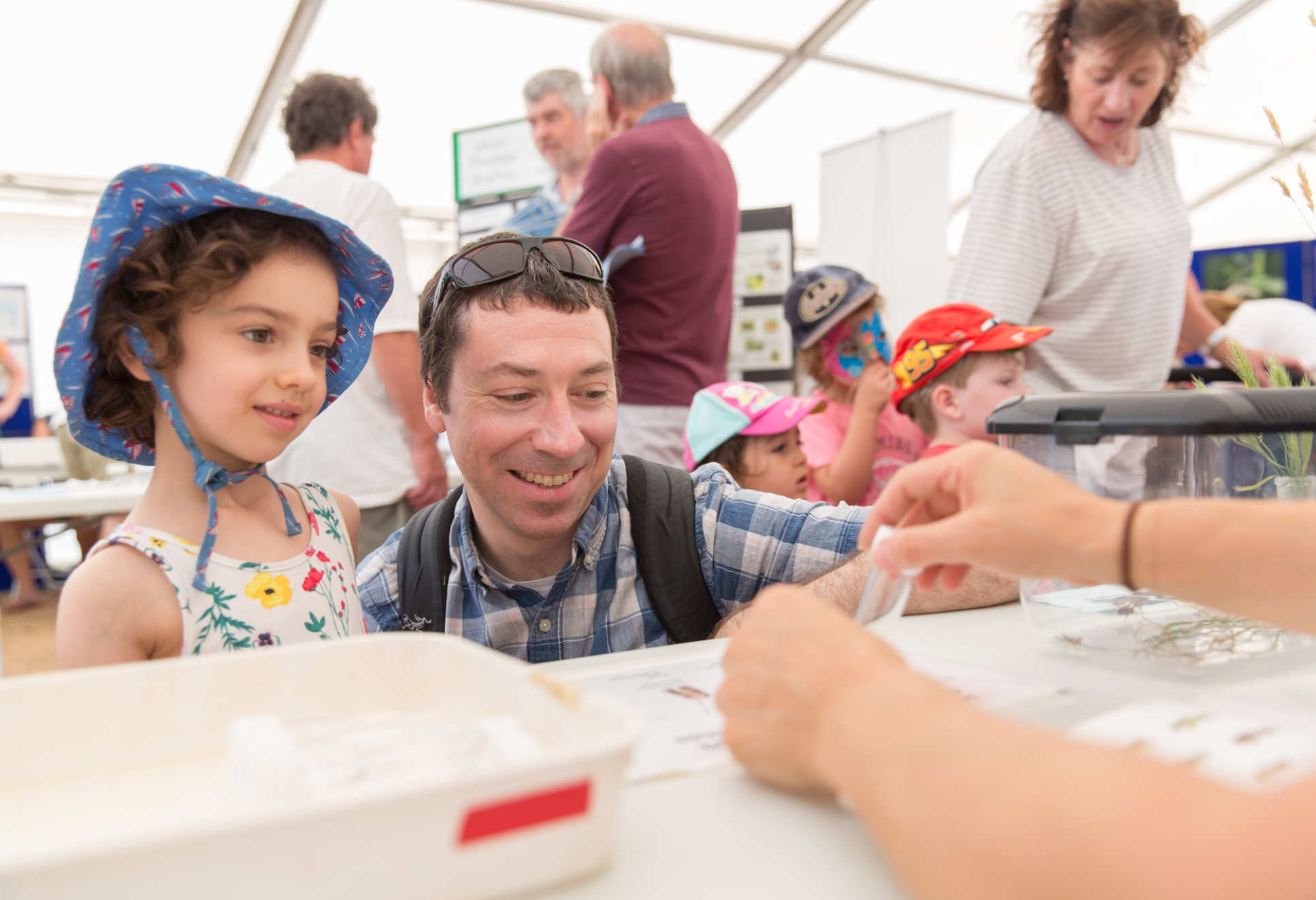 A father and child are show a display of insects