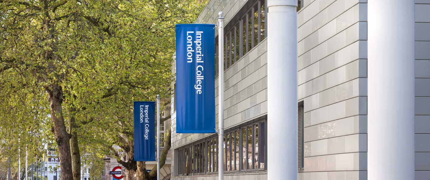 Campus shot showing Imperial College London banners 