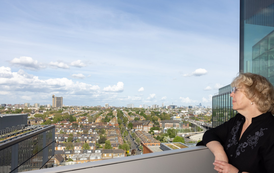 Professor Sian Harding (National Heart & Lung Institute) pictured in the new NHLI space on the 9th floor of the Sir Michael Uren Hub at White City Campus.